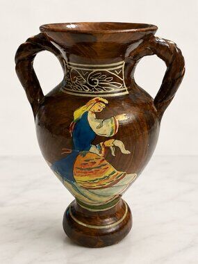 Vintage Signed Handmade Greek Pottery Vase Woman Double Handle Made in Greece